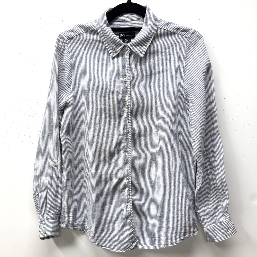 Jones NY Linen Top, Size Small, Button-Up Blue & White Striped Roll Tab‎ Classic
